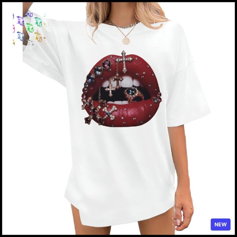 Lip Print Oversized Vintage Tee Y2K Graphic Retro Chic Summer Top